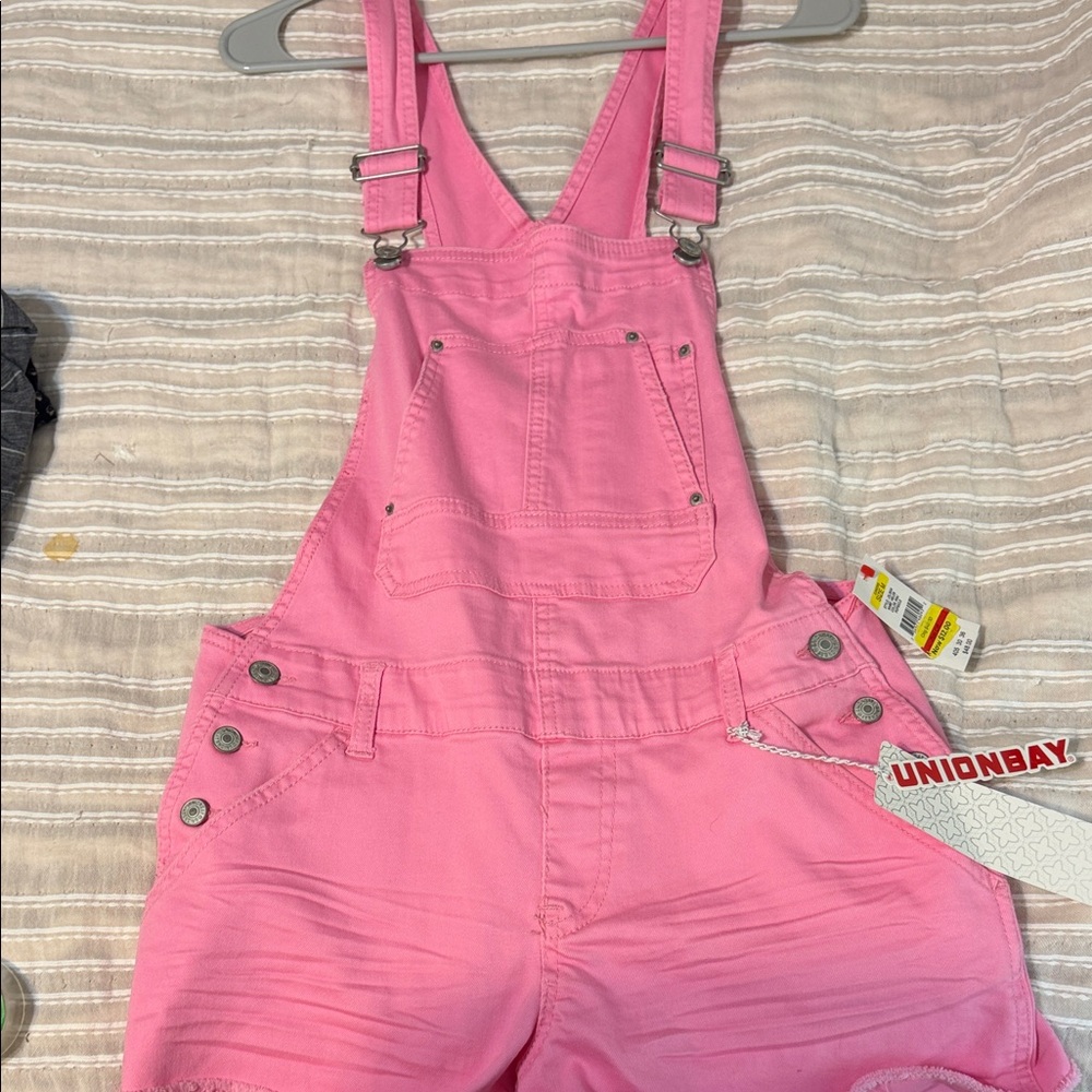 UNIONBAY Bright Pink Denim Short Overalls